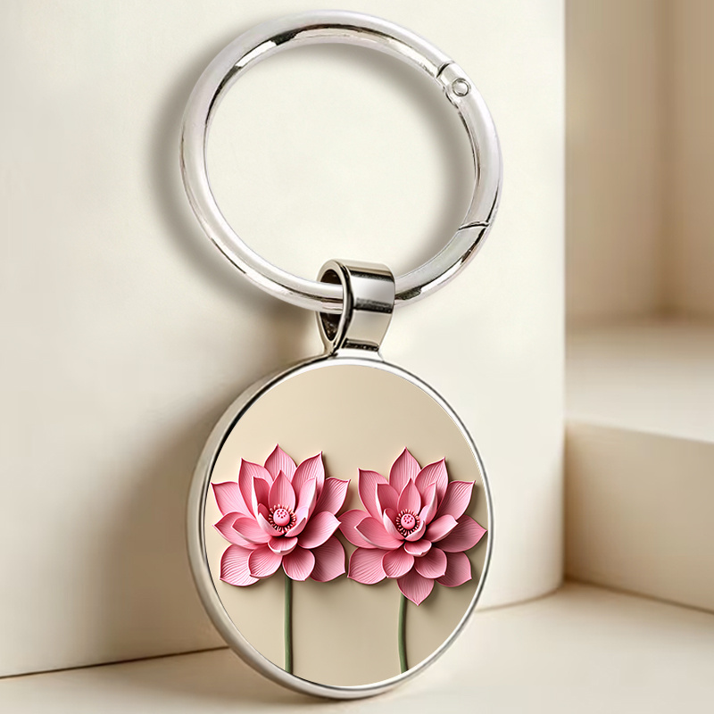 Double Pink Lotus Flowers Keychain with Realistic Pattern